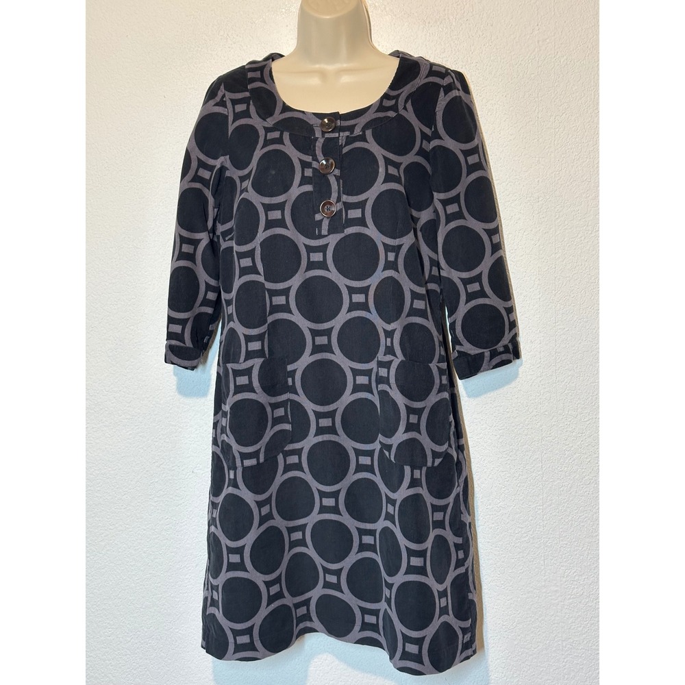 Boden Womens Black Grey Corduroy Geometric Circle Shift Dress Pockets 12R WH157
